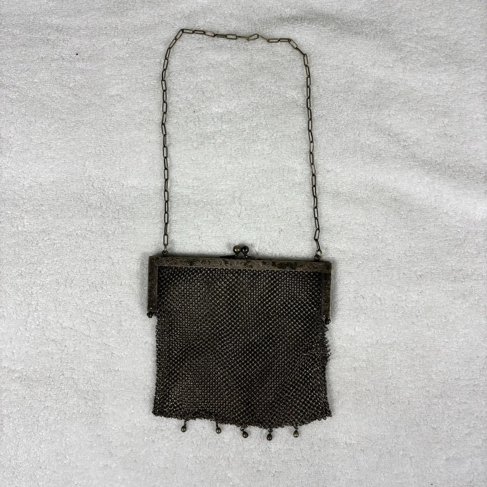 Vintage 1920s Art Deco Metal Mesh Evening Bag Fringe Chain Strap German‎ Silver